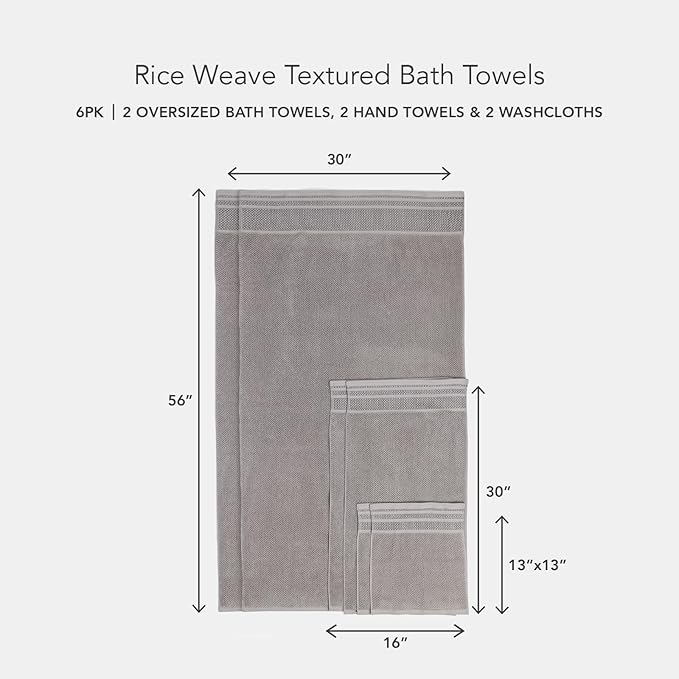 Texere 100% Organic Cotton Rice Weave Jacquard 700 GSM Luxury Bath Towel Sets - 2 Ultra Soft, Large Bath Towels, 2 Hand Towels, 2 Washcloths (Rice Weave, Cathedral Gray, 6 Piece)