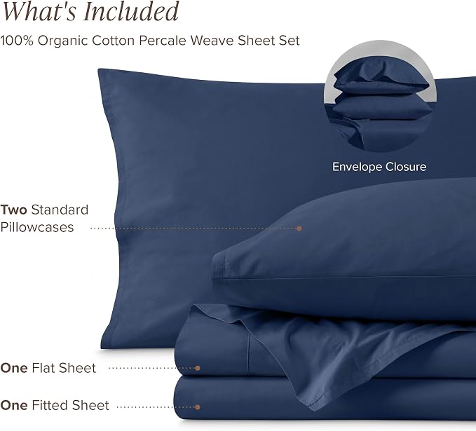 Bare Home 100% Organic Cotton Queen Sheet Set - Crisp Percale Weave - Lightweight & Breathable - Bedding Sheets & Pillowcases (Queen, Dark Blue)