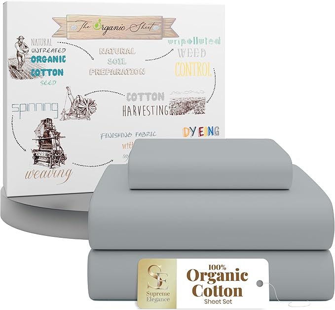 Supreme Elegance 100% Organic Cotton Twin Sheets Set (3 Pieces), Percale Weave, Cooling Sheets for Hot Sleepers, Crisp, Breathable & Brushed for Softness, Includes 16" Deep Pocket Fitted Sheet, Silver