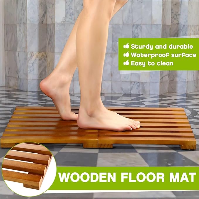 Geelin Wood Bath Mat 26'' x 16'' Foldable Shower Mat Bathroom Non Slip Waterproof Wooden Shower Rug Bathroom Carpet for Spa Home Bathtub Floor Indoor Outdoor Doorway Patio Sauna Yard Pool, Natural