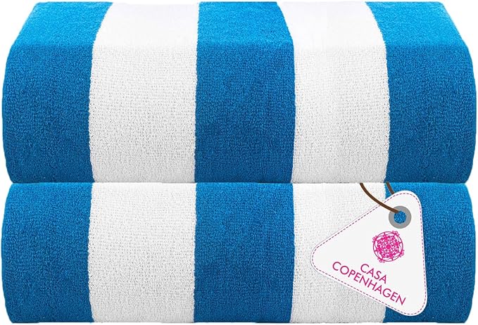 CASA COPENHAGEN Cabana Towels 2Pcs Teal Blue Designer Stripe Beach Bathsheet Towels Gift Set, 35"x70" Oversized 100% Cotton Pool Bath Sheet (Summer Gift Set for Women & Men)