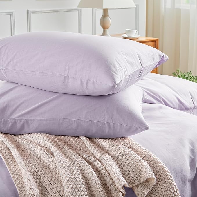 NEXHOME PRO Queen Duvet Cover Set, 100% Washed Cotton with Linen-Like Texture, Natural Organic, Breathable & Comfortable, Includes Home Bedding Set Lilac (No Comforter) 9090