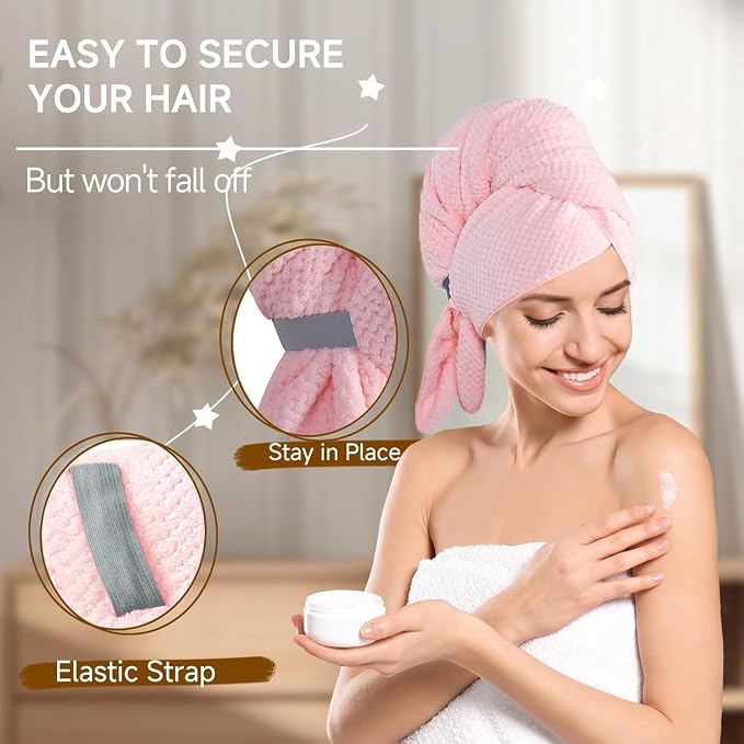 Microfiber Hair Wrap Towel for Women, Quick-Dry & Absorbent (2 Pack, Pink) | Absorbs water fast and reduces frizz, fits long and curly hair, soft, lightweight, secure elastic loop keeps wrap in place