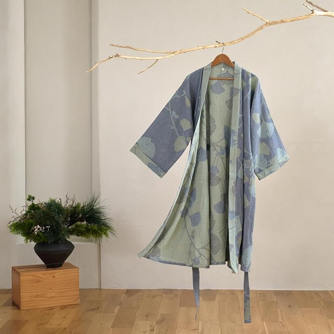 100% Cotton Gauze Ginkgo Leaf Kimono Robe, Long Knit Loose Bathrobe Nightgown Ladies Loungewear Sleepwear for Women