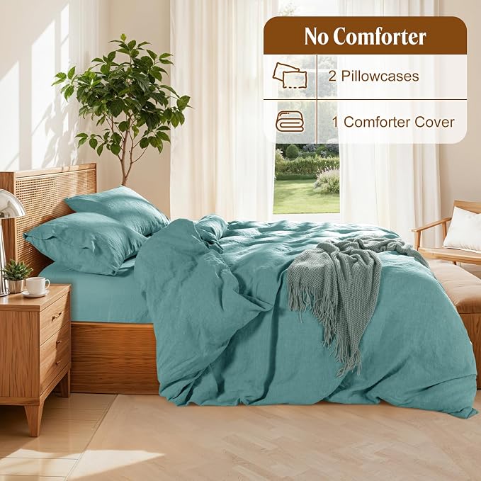 LBRO2M 100% France Linen Duvet Cover Set 3 Pcs Including 1 Flax Comforter Cover with Zipper Closure, 2 Pillowcase, Cozy Duvet Cover Full Size, Aqua