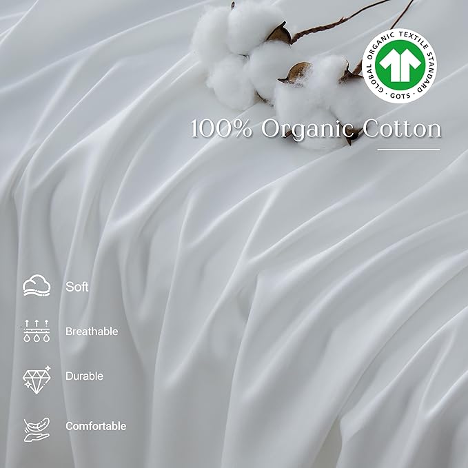 Simple&Opulence 100% Organic Cotton Sheet Set, Long Ruffle Bed Sheets (1 Flat Sheet, 1 Fitted Sheet and 2 Pillowcases) Elegant Shabby Chic Bedding Farmhouse Charming Vintage - White, King