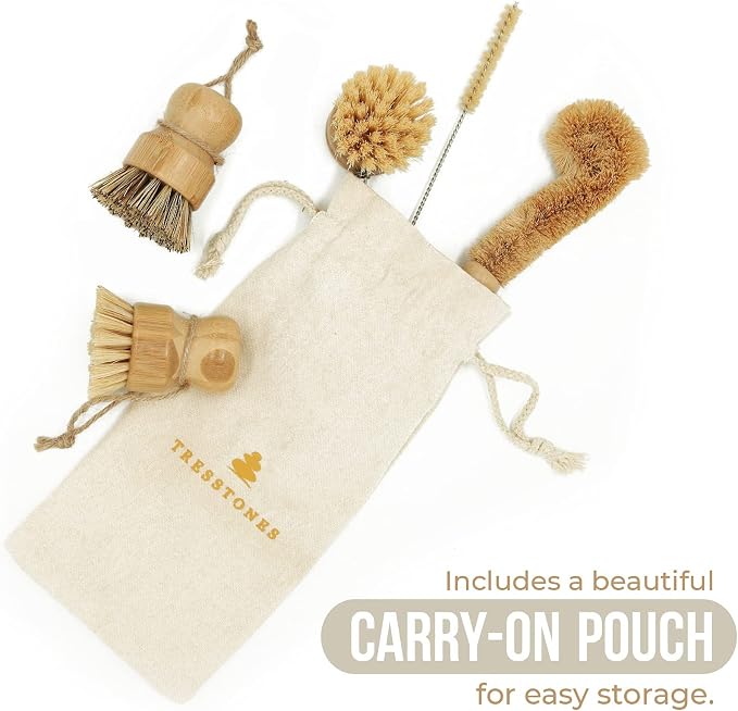 Natural Bamboo Dish Brush Set with Holder - Eco Friendly Wooden Dish Brush