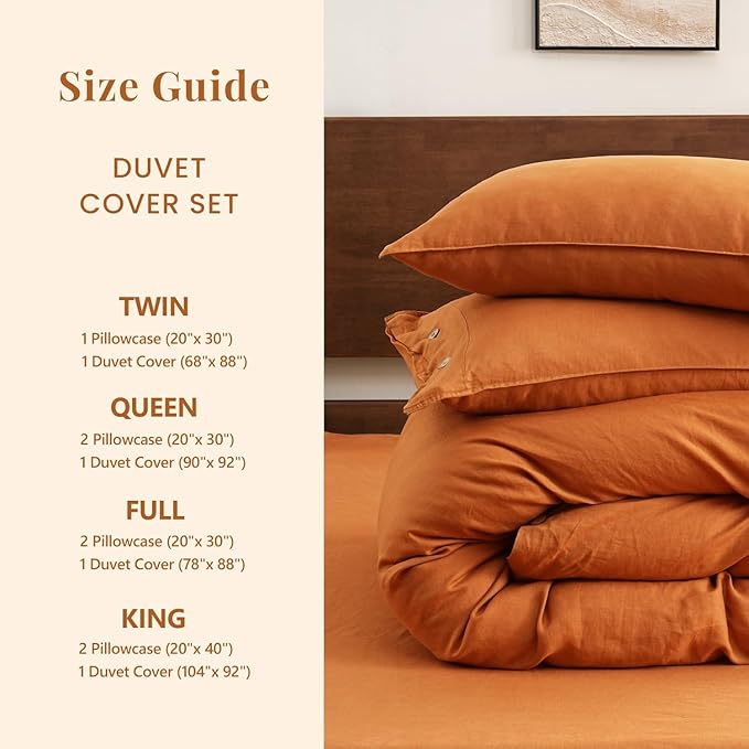 S VICTORY SYMBOL 100% Organic Linen Duvet Cover Set King Size 3pcs,Natural French Washed Flax Bedding Set(1 Duvet Cover and 2 Pillowcases) with Coconut Button Closure (Pumpkin)