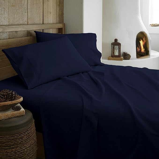 100% Organic Flannel Sheets Queen Size - GOTS Certified 100% Cotton Flannel Sheets Set with Comfortable Soft Brushed Finish & Deep Pocket - 1 Flat 1 Fitted & 2 Pillowcases (Navy, Queen)