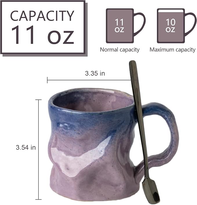 Handmade Ceramic Coffee Mugs, Mugs with Spoon, 11oz, Handmade Pottery Mug with Handle, Hand-painting, Unique Uneven Surface Tea cups, Dishwasher and Microwave Safe (Purple)