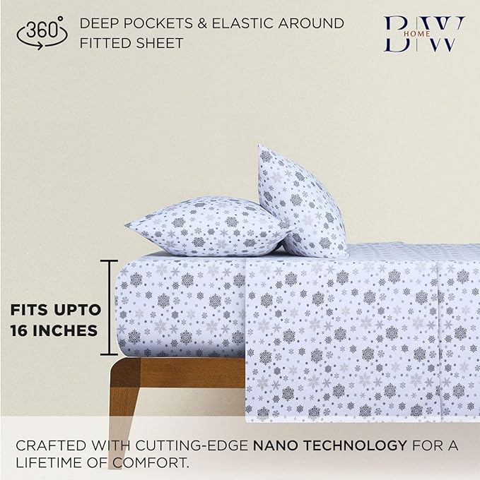 Briarwood Home® Printed Flannel Sheet Set, 100% Natural Cotton, Soft, Warm & Deep Pocket, Advanced Nano-Tech Making it Resistance to Pilling; Brushed 6 Times for Softness (Snowflakes, Queen)