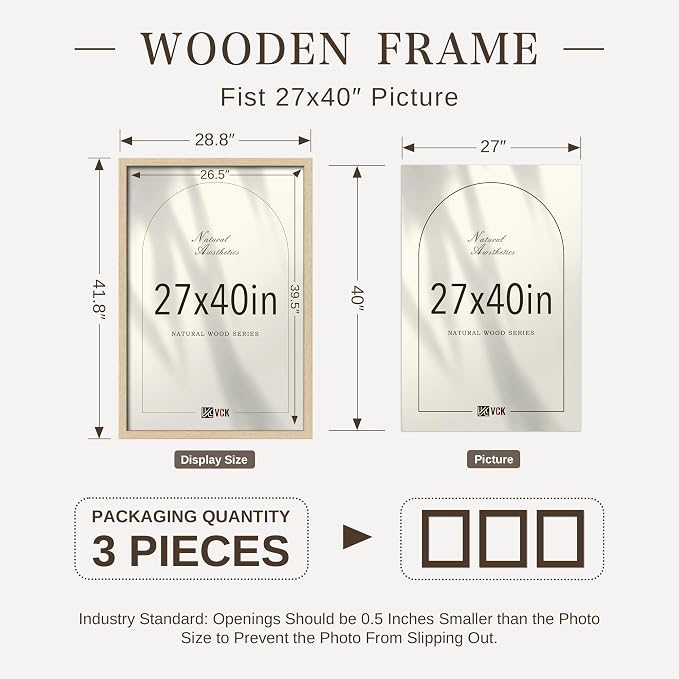 VCK 27x40 Poster Frame 3 Pack - Natural Oak Solid Wood, Exclusive Wood Grain Picture Frames, Wall Hanging