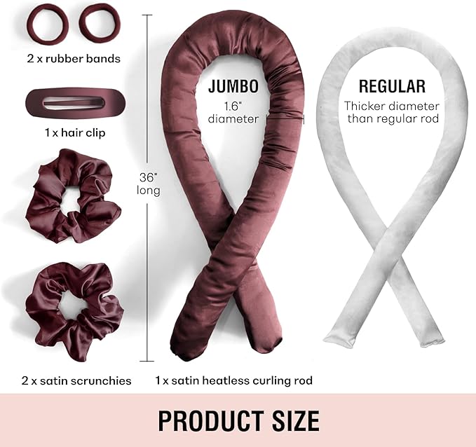 Jumbo Heatless Hair Curler Set-Satin Heatless Curls Overnight, Jumbo Curling Rod Headband, No Heat Curlers To Sleep in (Burgundy)