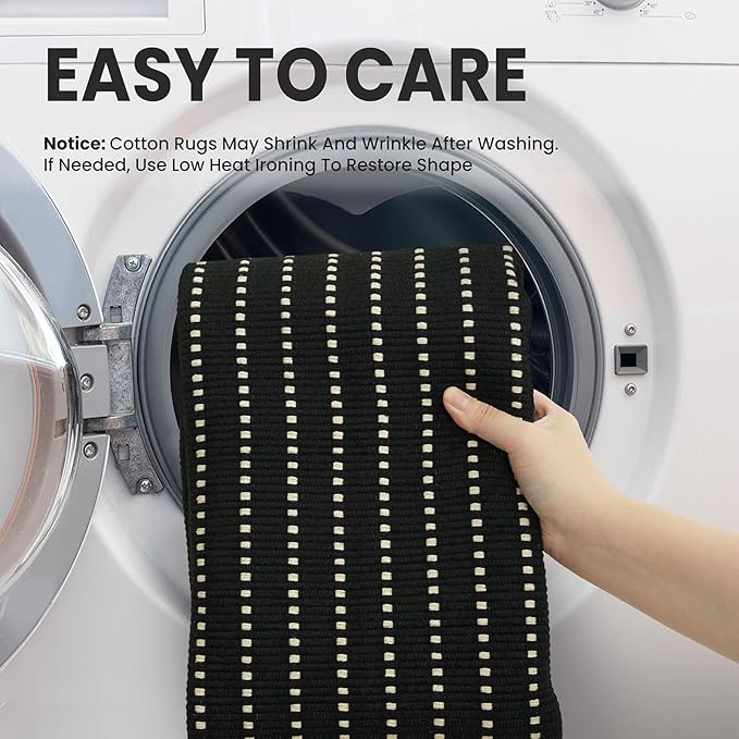EARTHALL Washable Area Rug 3x5 Ft Non Slip Rugs for Entryway, Non Slip Braided Throw Rugs Door Mat Indoor Outdoor Entrance, Cotton Woven Carpet for Kitchen Foyer Front Door, Black/Cream
