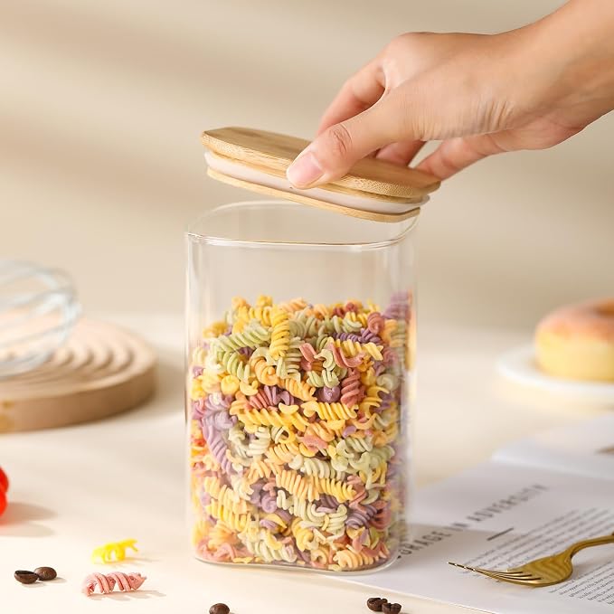 3-Pack Square Glass Containers with Bamboo Lids, 32 fl oz Candy Jars | 32 fl oz/946 ml Airtight Canister Set, Clean & Elegant Storage Jars for Candy, Coffee, Tea, Sugar, Flour, Cookies, Spices