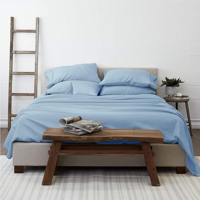 Femini Fashion 100% Organic Cotton Bed Sheets 800-Thread-Count, 16-Inch Deep-Pocket, Luxury Breathable Crisp 4-Piece Bed Sheet Set (1 Flat Sheet, 1 Fitted Sheet, 2 Pillowcases) - Queen-XL, Light Blue
