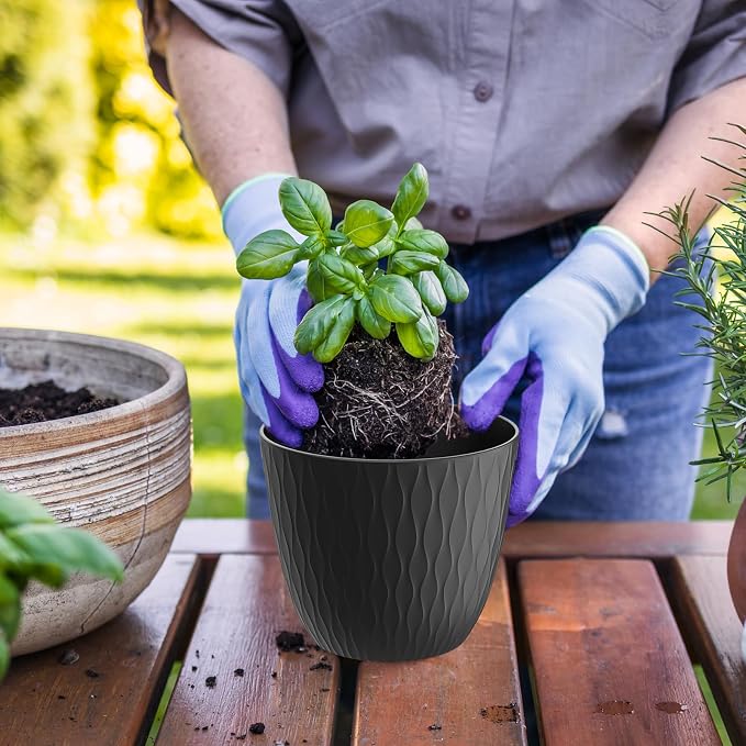 WSMKSZ 6 inch Plant Pots, 5 Pack Flower Pots with Drainage Holes and Saucers for Indoor Plants, Plastic Planters with Water Ripple for Small Garden House Plants, Nursery Pots for Succulent, Black