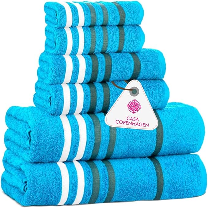 CASA COPENHAGEN Exotic 6 Pieces Towel Set- Teal, 525 GSM 2 Bath Towel 2 Hand Towel 2 Washcloth, Designed in Denmark Made of Soft Egyptian Cotton for Bathroom, Kitchen & Shower