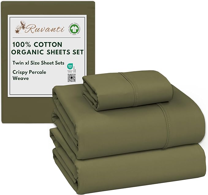 RUVANTI 100% Cotton Organic Percale Sheets Twin XL Size – Crisp Cooling Bed Sheets for Hot Sleepers, Deep Pocket 15”, Soft Peach Finish, Breathable & Durable Hotel-Style 3 Pcs, Olive