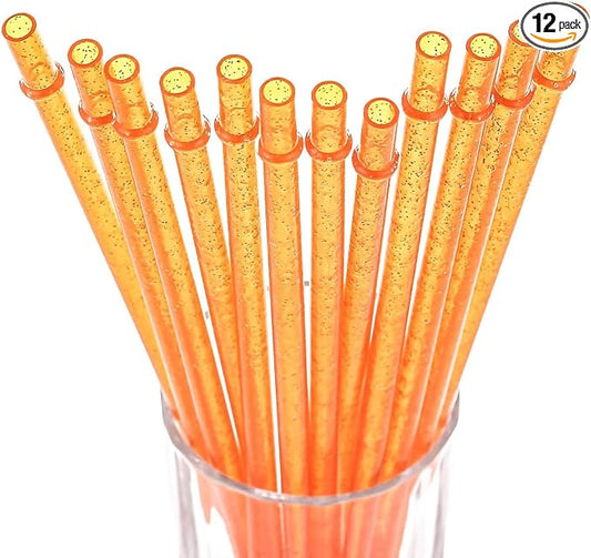 DAKOUFISH BPA-Free 12 Piece 9 Inch Reusable Clear Plastic Glitter Sparkle Drinking Straw Plus one Cleaning Brush (Orange,9inch)