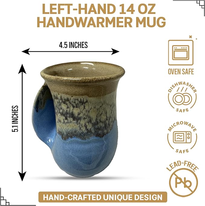 Clay in Motion Hand Warmer Coffee Mug – Handmade Coffee Mug With Comfortable Handle Contoured Pocket Hand Warming Ceramic Coffee Mug – Proudly Made in USA – Left Handed – 14 Oz - Sandy Beach