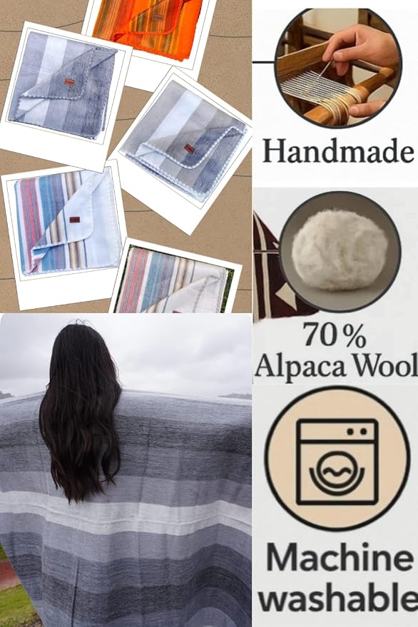 Alpaca Wool Throw Blanket, Grey Striped, Queen | Cozy, Ultra-Soft & Naturally Warm, Lightweight & Breathable, Non-Itchy, Perfect for Sofa, Bed or Travel