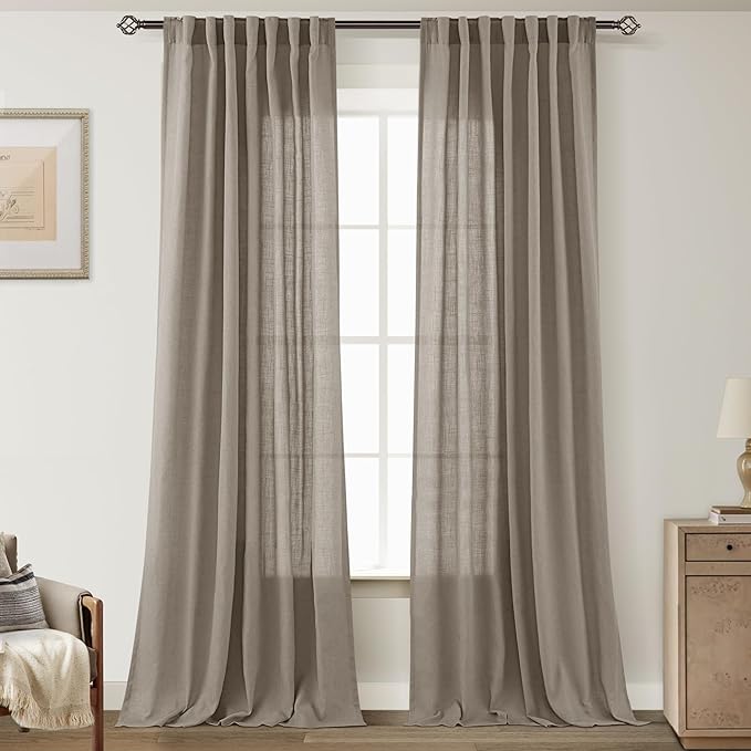 Taupe Linen Curtains 108 Inches Long for Living Room Back Tab Rustic Farmhouse Semi Sheer Light Filtering Window Curtain Dining Room Soft Thick Flax Textured Drapes Burlywood Birch Dark Brown