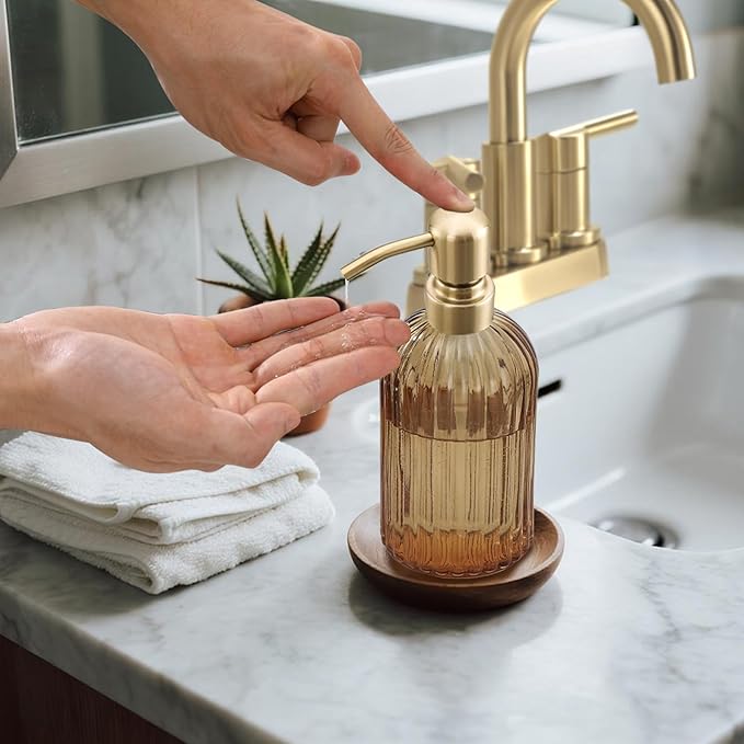 16 OZ Amber Glass Soap Dispenser, Amber Stripe Bathroom Hand Soap Dispensers with Stainless Steel Brushed Gold Pump,Brown Glass Kitchen Hand Soap Dispenser with Brushed Gold Pump,2 Packs