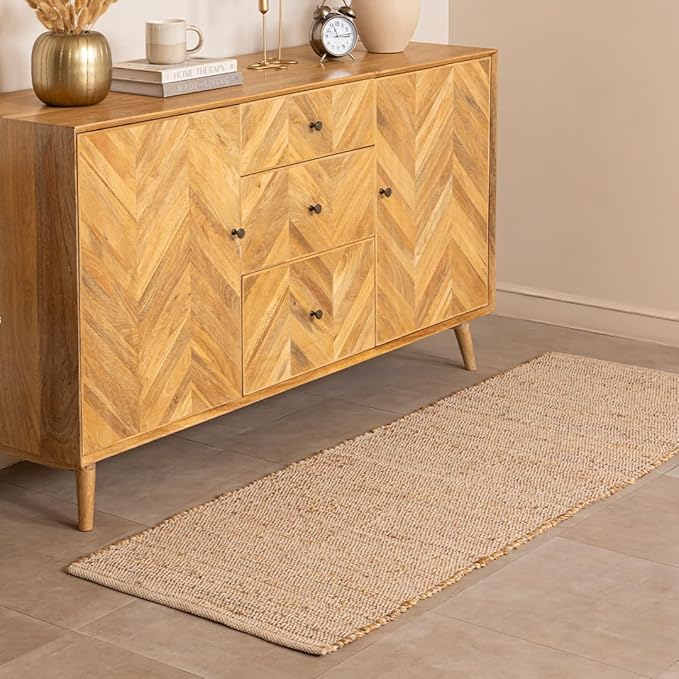 HOMEMONDE Hand Woven Jute Cotton Runner Rug - 2' x 6' ft Natural Fiber Braided Rustic - Vintage Boho Décor Farmhouse Area Rug for Hallway, Bedroom, Kitchen, Office
