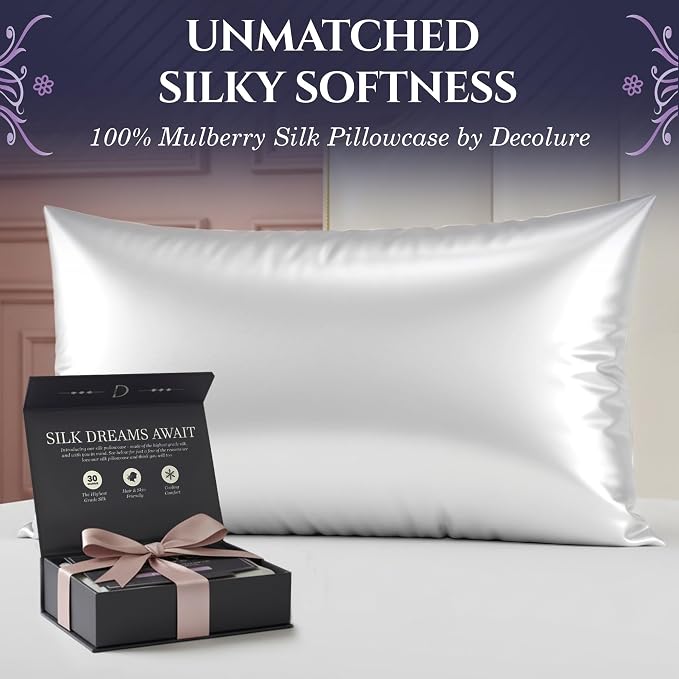 DECOLURE 100% Pure Mulberry Silk Pillow Case Queen Size – Highest Grade 30 Momme 6A+, Luxuriously Soft & Cooling Silk Pillowcase for Hair & Skin, Hypoallergenic, Breathable, Hidden Zipper (White)