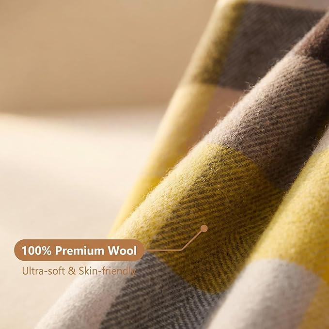 100% Wool Blanket Throw,Yellow Plaid Wool Blanket with Compact Bag,Rustic Soft Lightweight Blanket for Couch,Sofa,Bed & Lounging Decoration,Warm Travel Blanket for Home, Airplane,Ideal Gifts 55"x83"