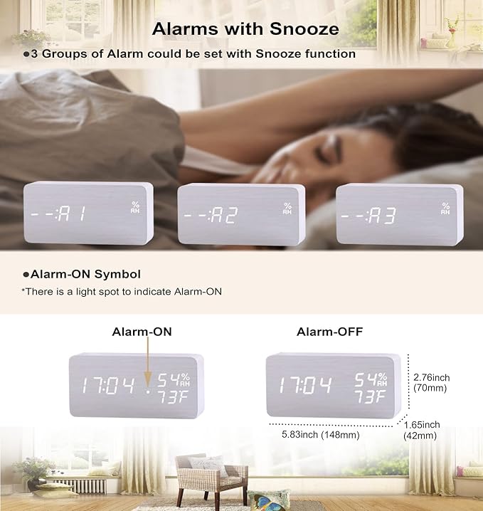 Alarm Clock Wood Digital Clock for Bedroom Snooze Modern LED Desk Clock Display Time Temperature Humidity Brightness Adjustable for Kids Teens Home Office White