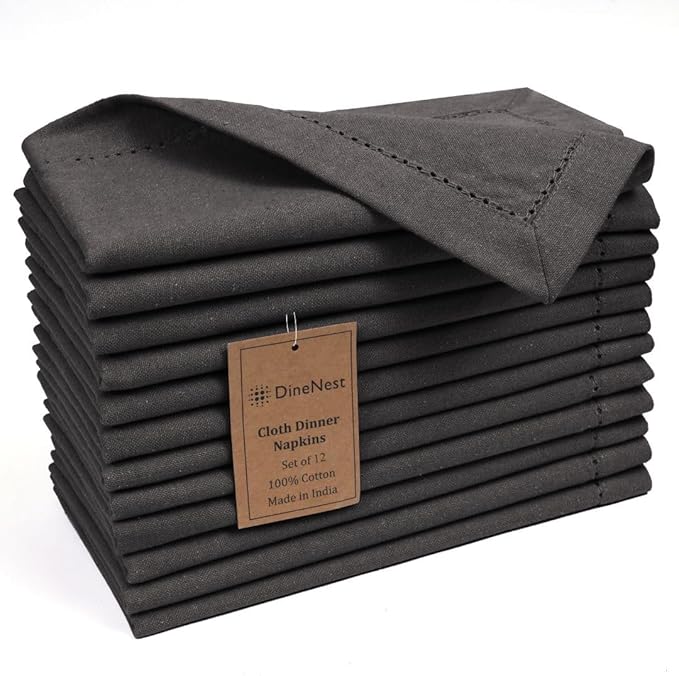 Hemstitch Cloth Dinner Napkins 100% Cotton Set of 12 - for Dining Special Occasions Weddings Parties Holidays Easter - Soft Durable Washable - 18x18 Inch Table Cloth Napkins Charcoal Grey