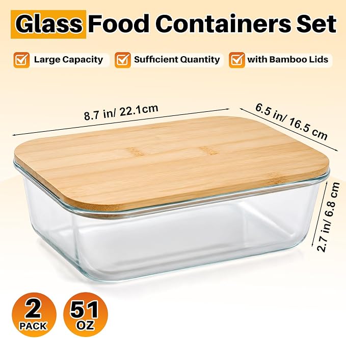 Blushtier 2 Pack 51 oz Borosilicate Glass Food Containers with Bamboo Lids, Stackable Glass Bowls for Meal Prep & Lunch, Microwave, Freezer and Dishwasher Safe