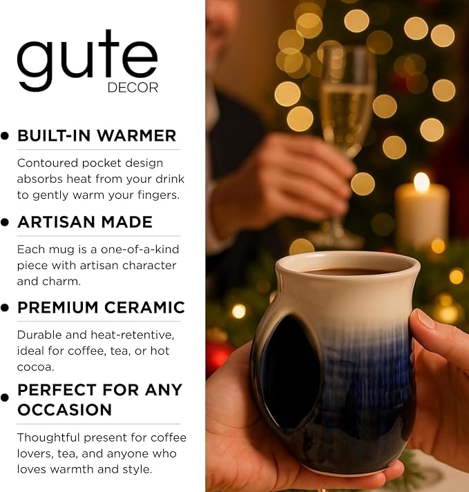 Hand Warmer Mug, Ceramic and Hand Painted - Contoured Pocket will Hold Warmth From The Heat Of Your Drink To Keep Your Fingers Warm, Comfy Handwarmer Gift, Winter Stocking Stuffer Gifts - Left Handed