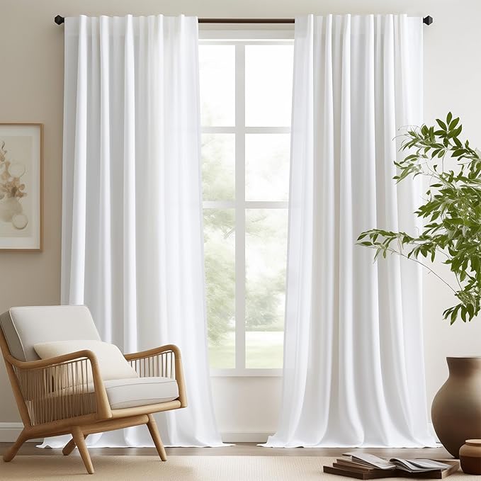 jinchan White Linen Curtains for Living Room Bedroom 20 Inchs Long 2 Panel Set Light Filtering Farmhouse Curtains Aesthetic Decor 10ft Extra Long Drapes, Rod Pocket/Back Tab 50W x 120L