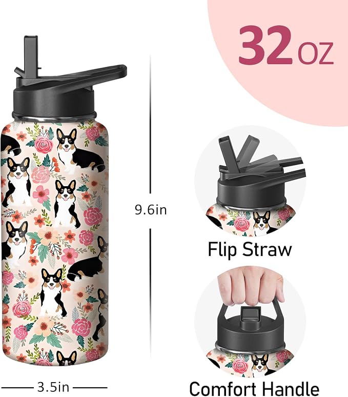 32oz Corgi Water Bottle with Handle and Flip Straw, Dog Animal Sports Stainless Steel Insulated Cup Travel Coffee Mug Tumbler, Birthday Mothers Day Chritmas Gifts for Women