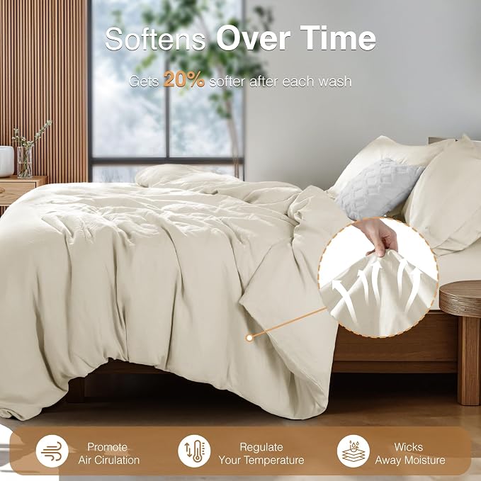 SONORO KATE 100% French Linen Duvet Cover Queen Size, Soft Breathable for Hot Sleepers, Moisture Wicking & Durable Cover Set - Zipper Closure & 4 Corner Ties Duvet Covers 3 Piece (Cream,Queen)