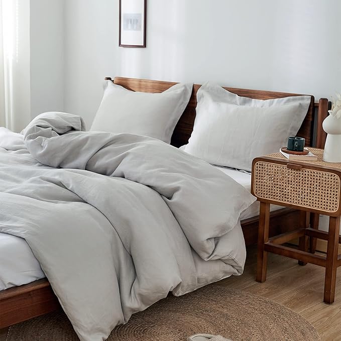 Simple&Opulence 100% Linen Duvet Cover Set 2pcs Basic Style Natural French Washed Flax Solid Color Soft Breathable Farmhouse Bedding with Button Closure - Light Grey, Twin