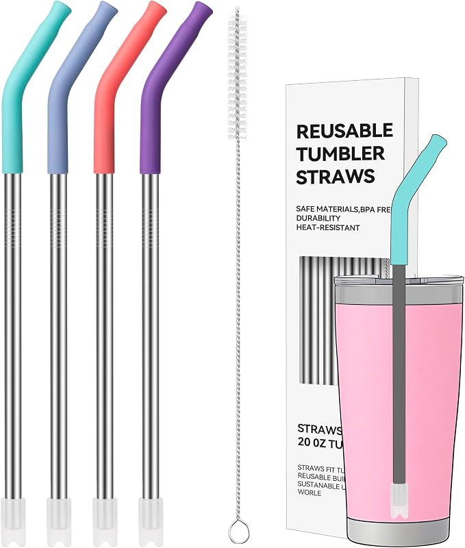 20 oz Straight Metal Straws with Silicone Tip for 20 oz Tumbler | Stainless Steel Reusable Drinking Metal Straw for YETI, STANLEY, US Acrylio, BJPKPK, Simple Modern and so on