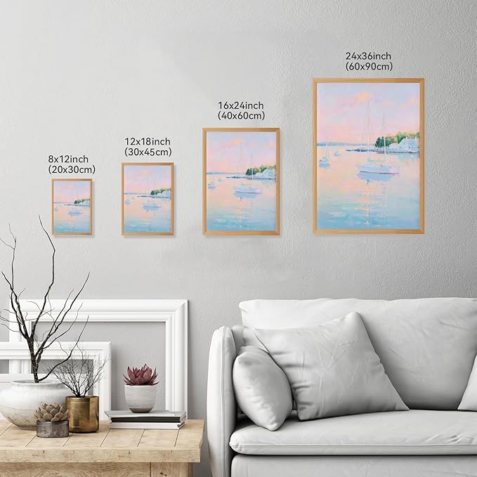 Coastal Pink Wall Art Set of 3 Maximalist Ocean & Beach Landscape Canvas Poster Trendy Sailboats Flowers Sunset Painting Pastel Picture Prints for Bedroom Home Decor 16x24inch Wooden Framed