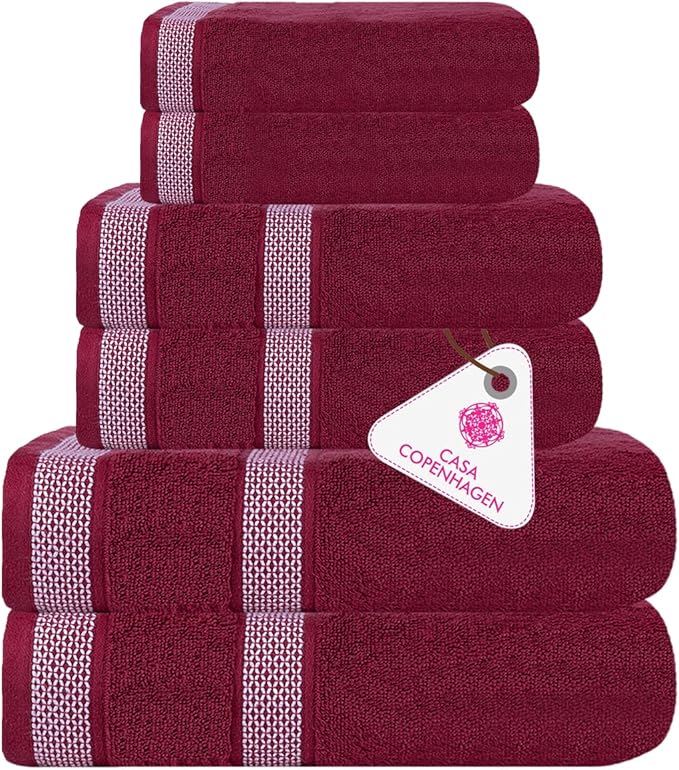 CASA COPENHAGEN Solitaire 6Pcs 100% Egyptian Cotton Large Designer Towels Gift Set- Wine, 600GSM, 2Bath 2Hand 2Washcloths, Bath Towels for Bathroom (Box Pack, Gift Set for Women & Men)