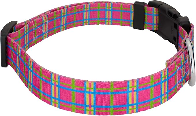 Country Brook Petz - Bubblegum Pink Plaid Everyday Collar and Leash - Plaid and Argyle Collection Featuring Charming Designs (1 Inch, Medium)
