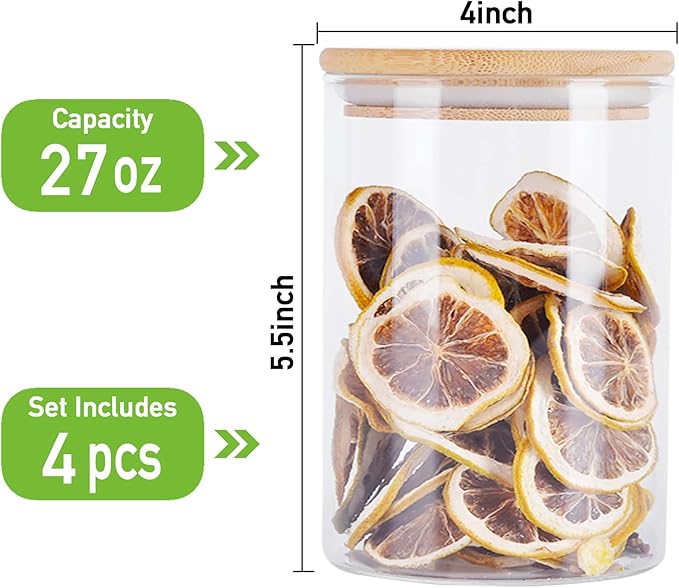 Aoeoe 4 Pack Glass Storage Jars with Airtight Bamboo Lid, 27 OZ Glass Kitchen Canisters, Clear Container for Coffee Bean Storage, Dry Goods, Cookie, Candy, Tea, Spices and More