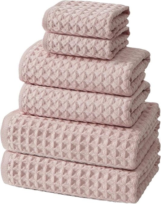 SK Studio 6 Piece Bath Towel Set, Cotton Hotel Large Waffle Towels Absorbent Quick Dry - 2 Bath, 2 Hand, 2 Washcloths for Spa Pink Bathroom