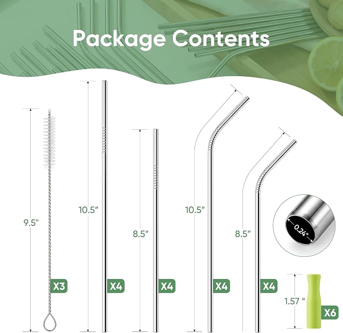 16 Pack Reusable Stainless Steel Metal Straws for 20-30 oz Tumblers, Comes with 6 Silicone Tips, 3 Cleaning Brushes & Storage Pouch, BPA Free Drinking Straws