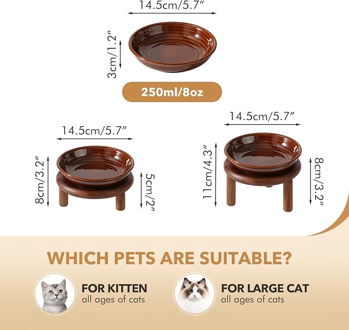 Havniva Elevated Cat Bowls Raised Ceramic Cat Bowl, 5.7” Wide Opening Cat Food Bowl Whisker Friendly Cat Dish Anti-Slip with Wood Stand, Shallow Pet Food & Water Bowl for Indoor Cats