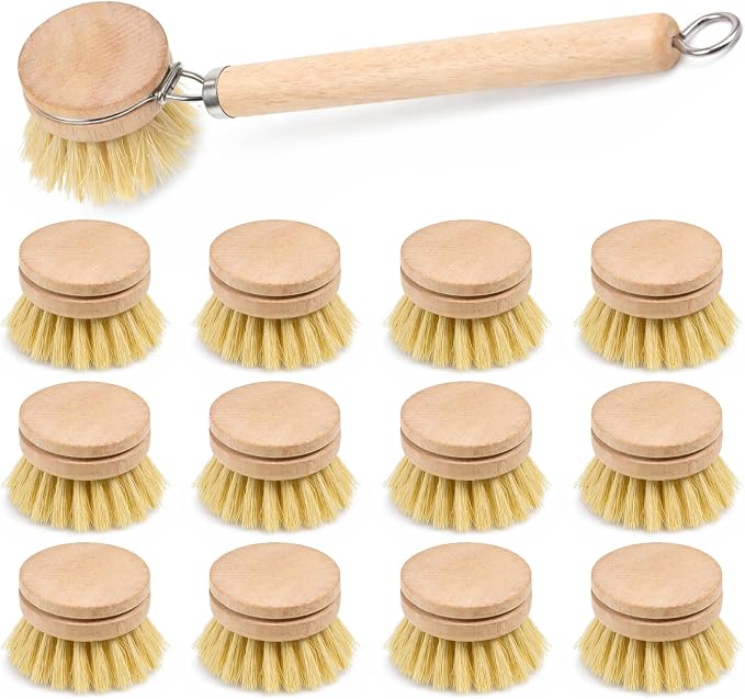 12pcs Dish Brush with Wooden Handle Natural Kitchen Brush Washing Scrubber Kitchen Dishwashing Washing Up Brushes Heads Bristle Brushes Refills for Sinks Cleaning Cast Iron Pots Pans Vegetables