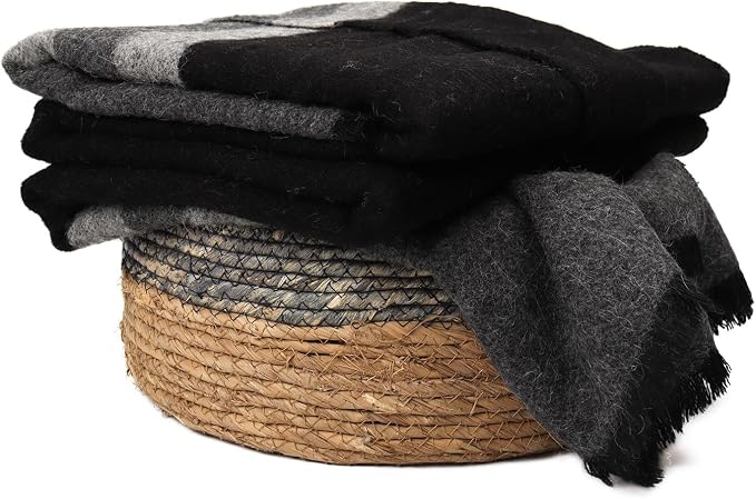 Superfine Alpaca Wool Throw Blanket - Lightweight Alpaca Merino Wool Throw Blankets | Soft Peruvian Alpaca Blanket Wool Blanket Striped Design 69" x 52" (Black/Gray)