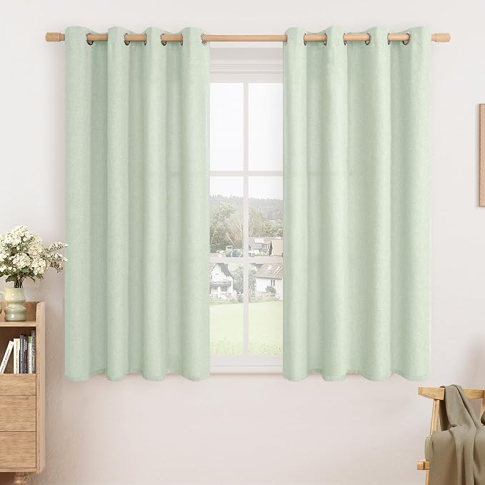 LAMIT Linen Curtains 45 inch Length 2 Panels, Linen Textured Thermal Insulated Bedroom Curtains Grommet Privacy Light Filtering Drapes for Living Room/Farmhouse, W52 x L45, Light Green